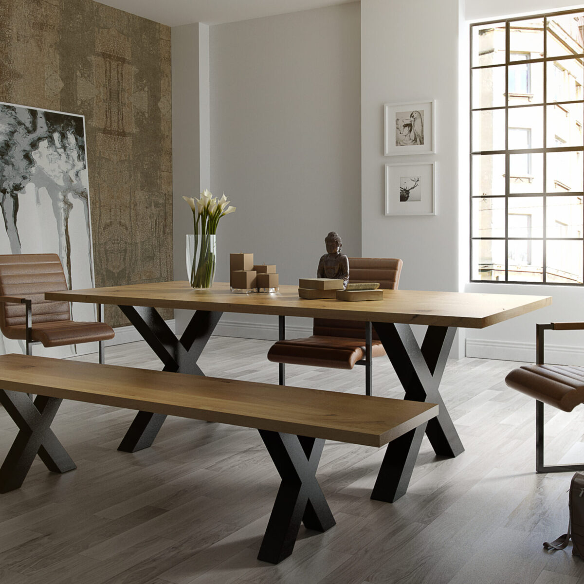 stół dębowy z ławką