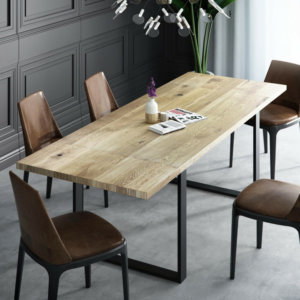 stół dębowy na metalowych nogach z dostawkami
