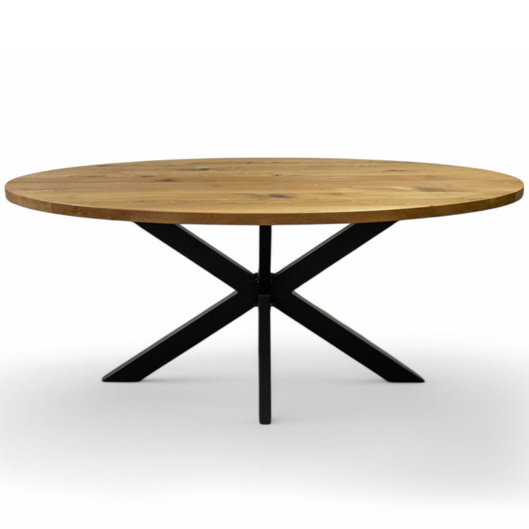 Stół z dębowym owalnym blatem na metalowych nogach typu pająk