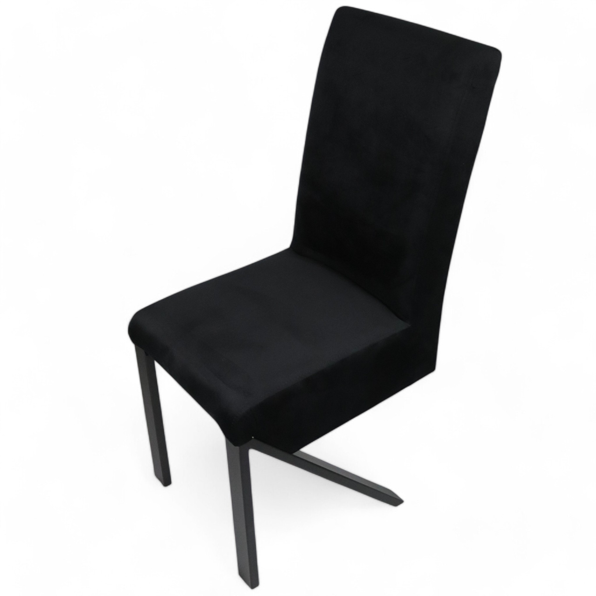 Krzesło tapicerowane w czarnej tkaninie na metalowych nogach