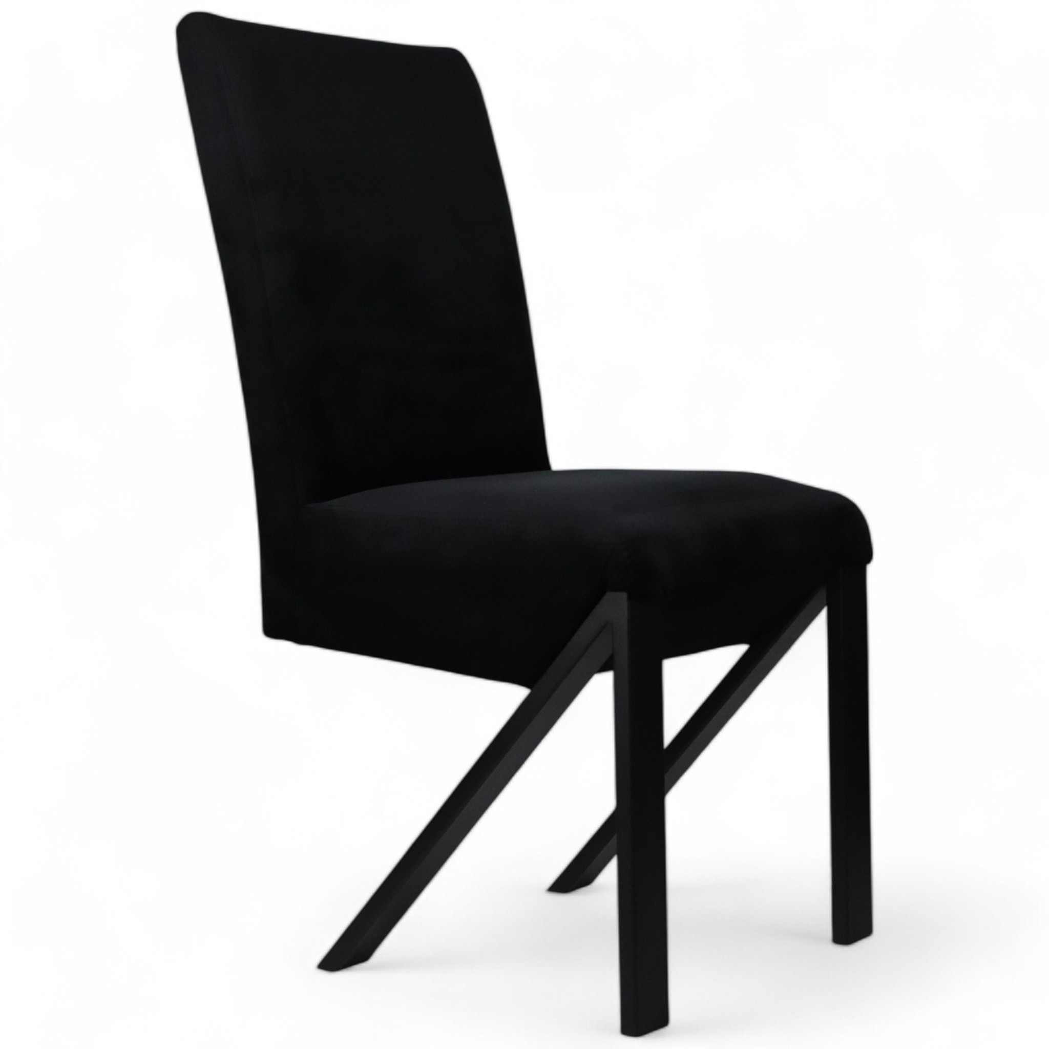 Krzesło tapicerowane w czarnej tkaninie na metalowych nogach