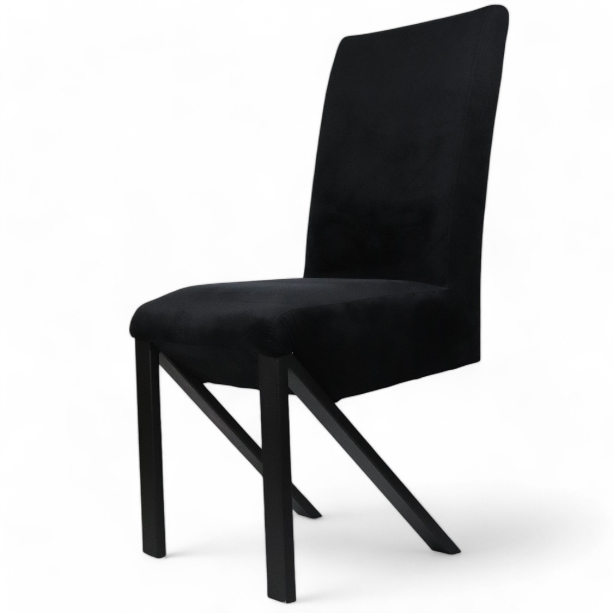 Krzesło tapicerowane w czarnej tkaninie na metalowych nogach