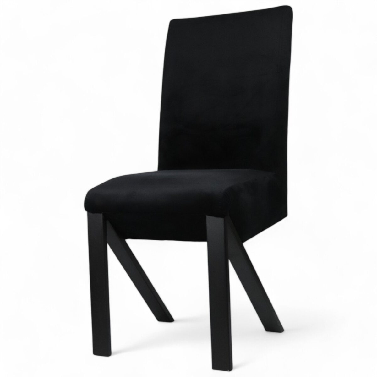 Krzesło tapicerowane w czarnej tkaninie na metalowych nogach