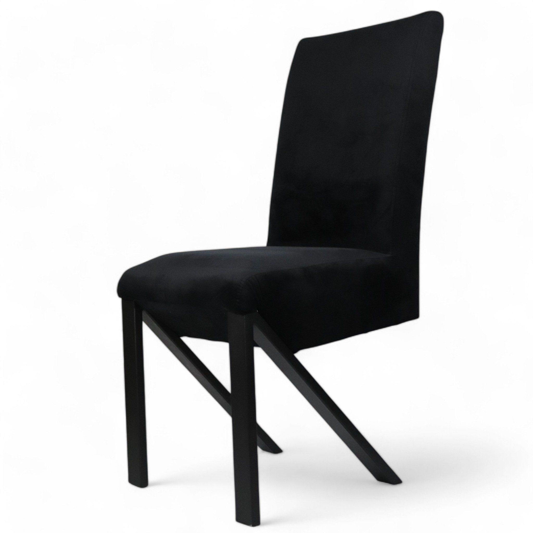 Krzesło tapicerowane w czarnej tkaninie na metalowych nogach